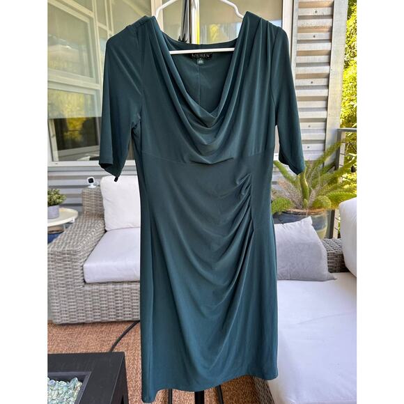 Lauren Ralph Lauren Women's Sz: 12 Woodland Green Cowl Neck Ruched Sheath Dress - Picture 10 of 12